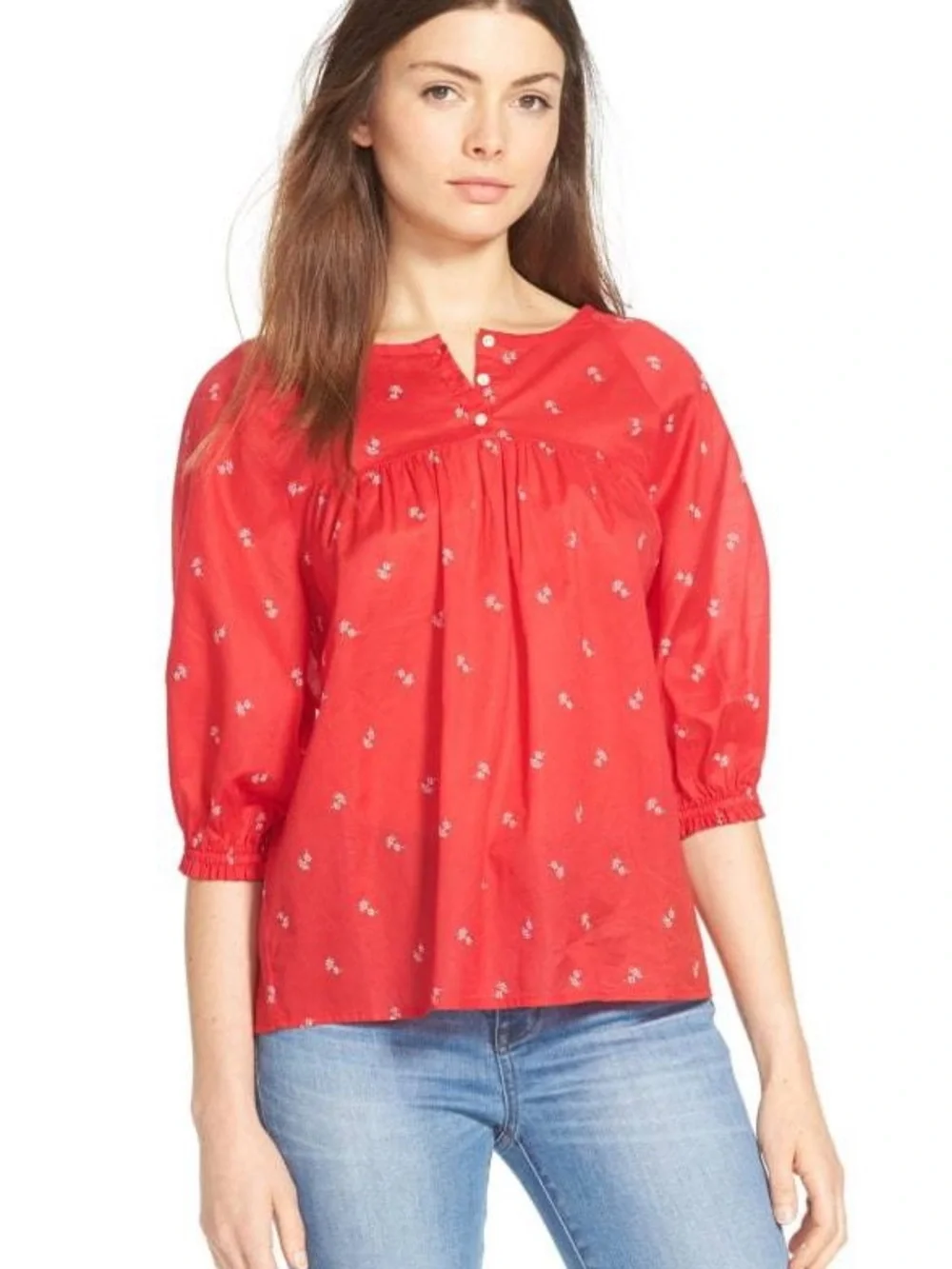 Madewell Red Floral Cotton Peasant Blouse Puff Sleeve Boho Top Small